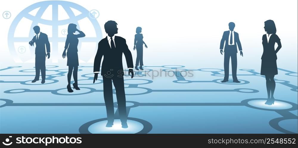 A group of business people silhouettes connect on a blue communications node network, with globe background.