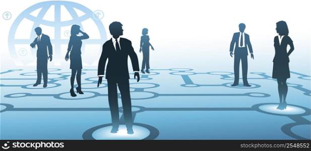 A group of business people silhouettes connect on a blue communications node network, with globe background.