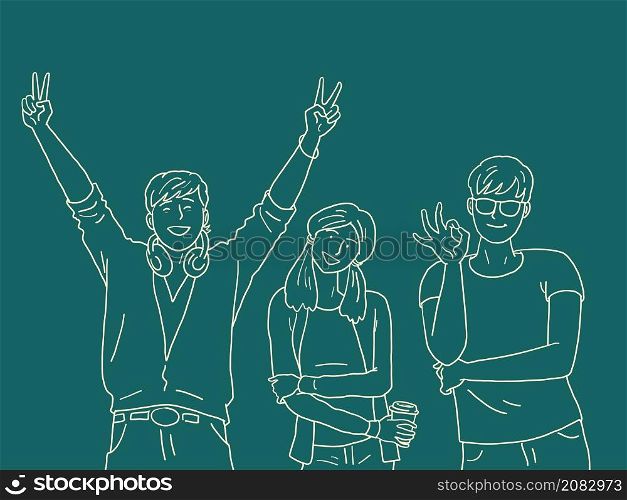 A group of fashionable joyful youth, a gesture of greeting. Comic Cartoon Kitsch Vintage Hand Drawing Illustration. A group of fashionable joyful youth, a gesture of greeting