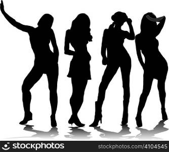 A group of four sexy women in black silhouette with a shadow