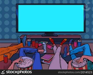 A group of friends watches movies at home, online streaming platforms. Popcorn snacks. Pop art retro vector illustration 50s 60 vintage kitsch style. A group of friends watches movies at home, online streaming platforms. Popcorn snacks
