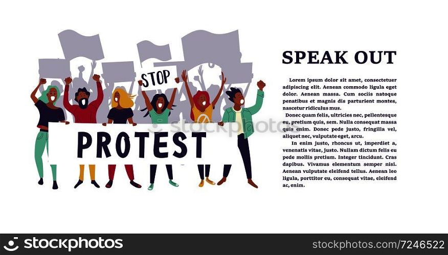 A group of men and women take part in the protest. People holding posters. Colorful vector illustration.. Group of young men and women standing together and holding blank banner. People taking part in parade or rally. Male and female protesters or activists. Flat cartoon colorful vector illustration.