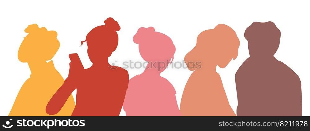 A group of sad people. Color silhouettes Men and women of different nationalities in stress and panic.