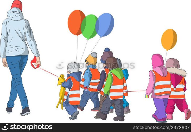 A group of small children in red vests follow the female teacher holding a rope. Vector illustration.. A group of small children follow the female caregiver holding on to a rope.