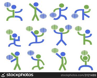 a group of symbol people lifting the globe in different pose