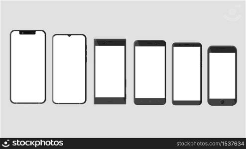 A group of touch smartphones from the latest to the initial model. Progress concept of modern, wireless and mobile gadgets smartphones with a blank screen.. A group of touch smartphones from the latest to the initial model.