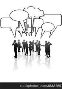 A group or team of business people talk and interact in many speech bubbles.