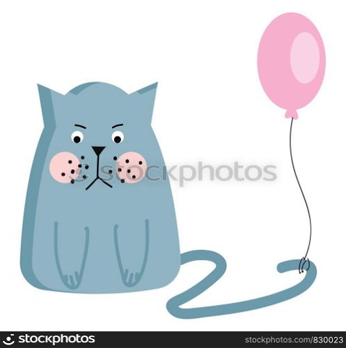 A grumpy light blue cat with pink cheeks and a pink balloon attached to the tail vector color drawing or illustration