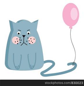A grumpy light blue cat with pink cheeks and a pink balloon attached to the tail vector color drawing or illustration