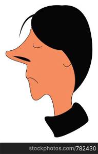 A guy in a black shirt with a long pointy nose and black hair, vector, color drawing or illustration.