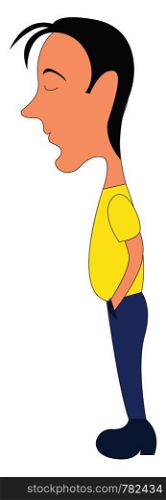 A guy in a yellow shirt with blue pants, vector, color drawing or illustration.