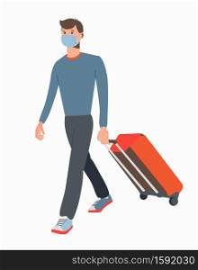 A guy with a valise in a medical mask. Travel infection protection. Coronavirus. Traveler at the airport. Flat style. The illustration is isolated on a white background.. A guy with a valise in a medical mask.