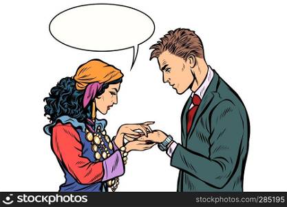a Gypsy telling fortunes by the hand to the businessman. A fortune-teller palmist. isolate on white background. Pop art retro vector illustration kitsch vintage. a Gypsy telling fortunes by hand to businessman. isolate on whit