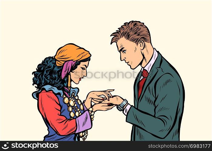 a Gypsy telling fortunes by the hand to the businessman. A fortune-teller palmist. Pop art retro vector illustration kitsch vintage. a Gypsy telling fortunes by hand to businessman