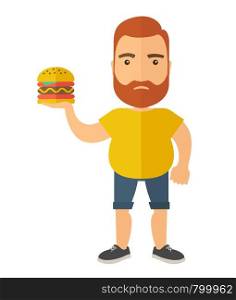A Hamburger holding by a man with fitness attire. A Contemporary style. Vector flat design illustration isolated white background. Vertical layout.. Hamburger and a man