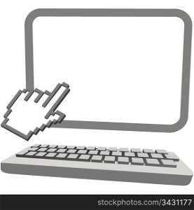 A hand cursor clicks on a 3D desktop computer monitor copyspace over a keyboard.