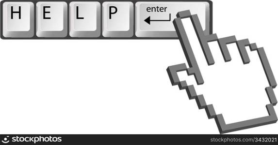 A hand cursor presses computer keyboard key to enter HELP request.