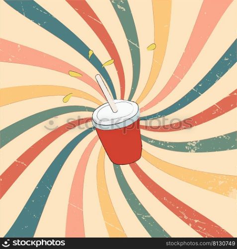 a hand-drawn plastic cup with a drink on a multicolored vintage background. 2d vector illustration