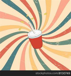 a hand-drawn plastic cup with a drink on a multicolored vintage background. 2d vector illustration