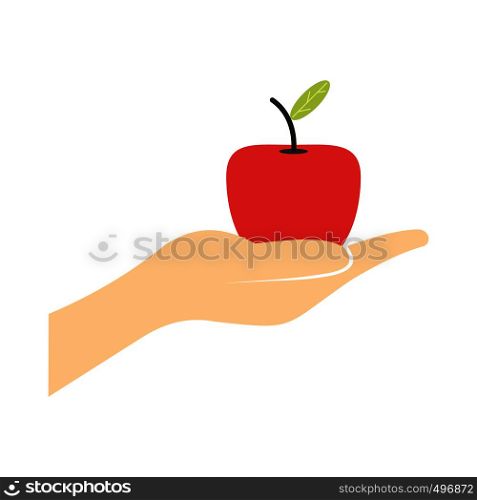 A hand giving a red apple flat icon isolated on white background. A hand giving a red apple flat icon