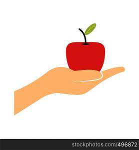 A hand giving a red apple flat icon isolated on white background. A hand giving a red apple flat icon