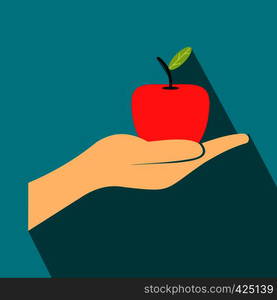 A hand giving a red apple flat icon on a blue background. A hand giving a red apple flat icon