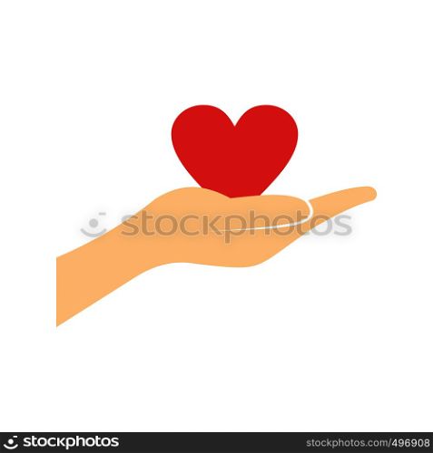 A hand giving a red heart flat icon isolated on white background. A hand giving a red heart flat icon