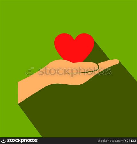 A hand giving a red heart flat icon on a green background. A hand giving a red heart flat icon