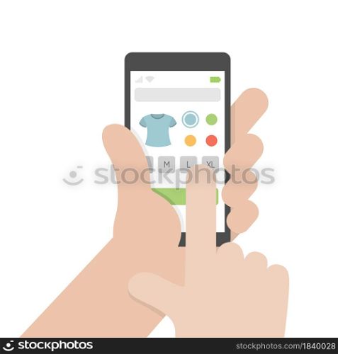 A hand holding a smartphone and buying clothes in an online shopping. Purchasing proccess. Isolated vector illustration. A hand holding a smartphone and buying clothes in an online shopping. Isolated vector illustration