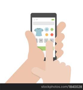 A hand holding a smartphone and buying clothes in an online shopping. Purchasing proccess. Isolated vector illustration. A hand holding a smartphone and buying clothes in an online shopping. Isolated vector illustration