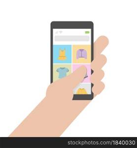 A hand holding a smartphone and surfing a clothes shop online. Purchasing proccess. Isolated vector illustration. A hand holding a smartphone and surfing a clothes shop online. Isolated vector illustration