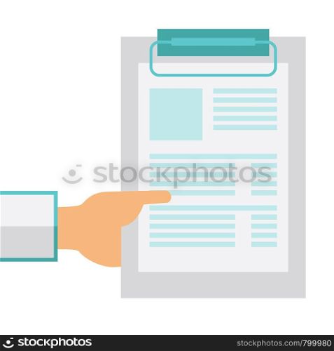A hand holding clipboard with blank sheet of paper. A Contemporary style. Vector flat design illustration isolated white background. Square layout. Hand holding clipboard with blank sheet of paper.