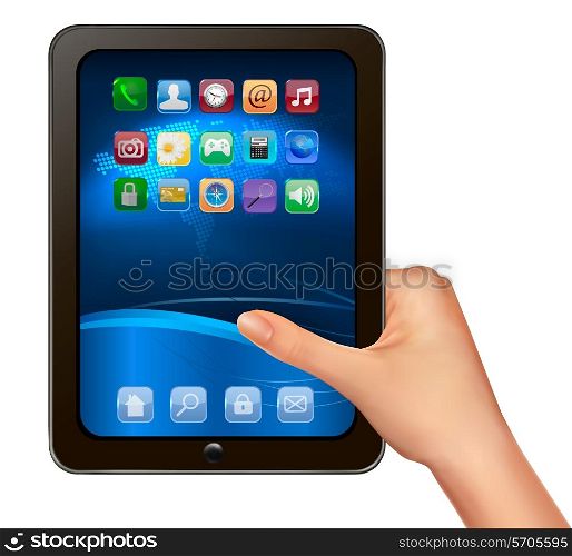 A hand holding digital tablet computer with icons. Vector illustration