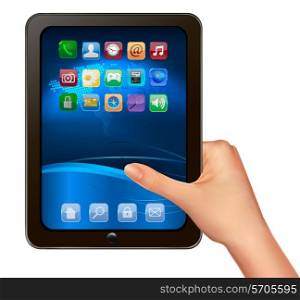 A hand holding digital tablet computer with icons. Vector illustration