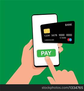 A hand holds a smartphone with a pay button and a credit card. Pay online using your smartphone. Shopping online. EPS 10