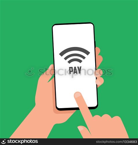 A hand is holding a smartphone with a contactless payment icon on the screen. Buying using the phone. NFC technology