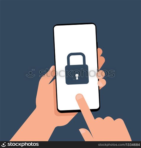 A hand is holding a smartphone with a lock icon on the screen. Data protection
