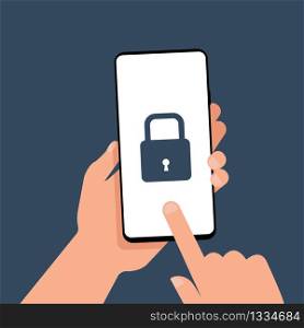 A hand is holding a smartphone with a lock icon on the screen. Data protection