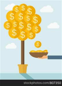 A hand with container catches a dollar coin. Dollar signs coin growing on branches and falling from tree. A contemporary style with pastel palette soft blue tinted background with desaturated clouds. Vector flat design illustration. Vertical layout.. Money Growing on trees.
