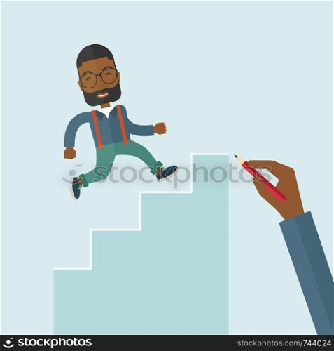 A hand with red pen drawn a black business man climbing up the stairs, a concept of success and career. A contemporary style with pastel palette soft blue tinted background. Vector flat design illustration. Square layout with text space on right top part.. Hand drawn a black man climbing