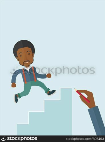 A hand with red pen drawn a black business man climbing up the stairs, a concept of success and career. A contemporary style with pastel palette soft blue tinted background. Vector flat design illustration. Vertical layout with text space on top part.. Hand drawn a black man climbing
