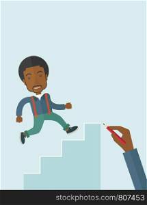 A hand with red pen drawn a black business man climbing up the stairs, a concept of success and career. A contemporary style with pastel palette soft blue tinted background. Vector flat design illustration. Vertical layout with text space on top part.. Hand drawn a black man climbing