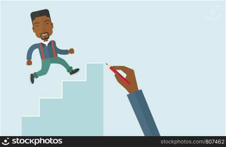 A hand with red pen drawn a black business man climbing up the stairs, a concept of success and career. A contemporary style with pastel palette soft blue tinted background. Vector flat design illustration. Horizontal layout with text sapce in right side.. Hand drawn a black man climbing