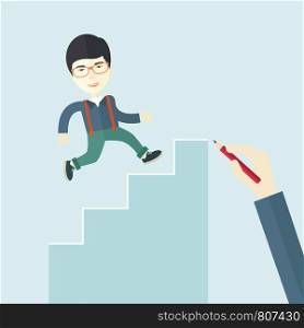 A hand with red pen drawn a chinese businessman climbing up the stairs, a concept of success and career. A contemporary style with pastel palette soft blue tinted background. Vector flat design illustration. Square layout with text space on right top part.. Hand drawn a chinese man climbing