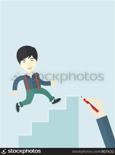 A hand with red pen drawn a chinese businessman climbing up the stairs, a concept of success and career. A contemporary style with pastel palette soft blue tinted background. Vector flat design illustration. Vertical layout with text space on top part.. Hand drawn a chinese man climbing