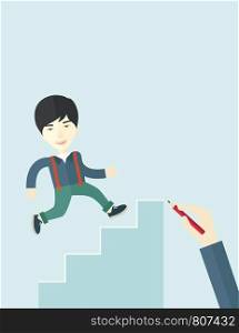 A hand with red pen drawn a chinese businessman climbing up the stairs, a concept of success and career. A contemporary style with pastel palette soft blue tinted background. Vector flat design illustration. Vertical layout with text space on top part.. Hand drawn a chinese man climbing