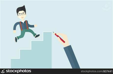 A hand with red pen drawn a chinese businessman climbing up the stairs, a concept of success and career. A contemporary style with pastel palette soft blue tinted background. Vector flat design illustration. Horizontal layout with text space on upper right side.. Hand drawn a chinese man climbing