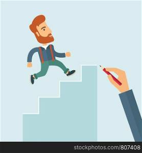 A hand with red pen drawn a hipster Caucasian business man climbing stairs, a concept of success and career. A contemporary style with pastel palette soft blue tinted background. Vector flat design illustration. Square layout with text space on right top part.. Hand drawn a man climbing