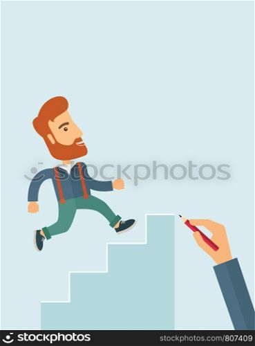 A hand with red pen drawn a hipster Caucasian business man climbing stairs, a concept of success and career. A contemporary style with pastel palette soft blue tinted background. Vector flat design illustration. Vertical layout with text space in right side.. Hand drawn a man climbing