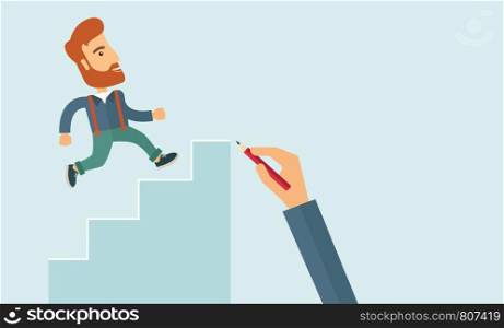 A hand with red pen drawn a hipster Caucasian business man climbing stairs, a concept of success and career. A contemporary style with pastel palette soft blue tinted background. Vector flat design illustration. Horizontal layout with text space in right side.. Hand drawn a man climbing